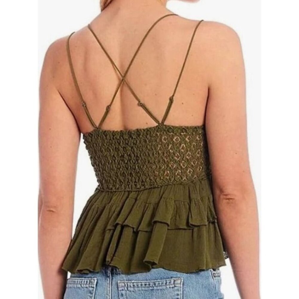 Free People Olive Green Cami Tank Top Sparrow Green Ruffle Womens Size XS NWT - Picture 2 of 7